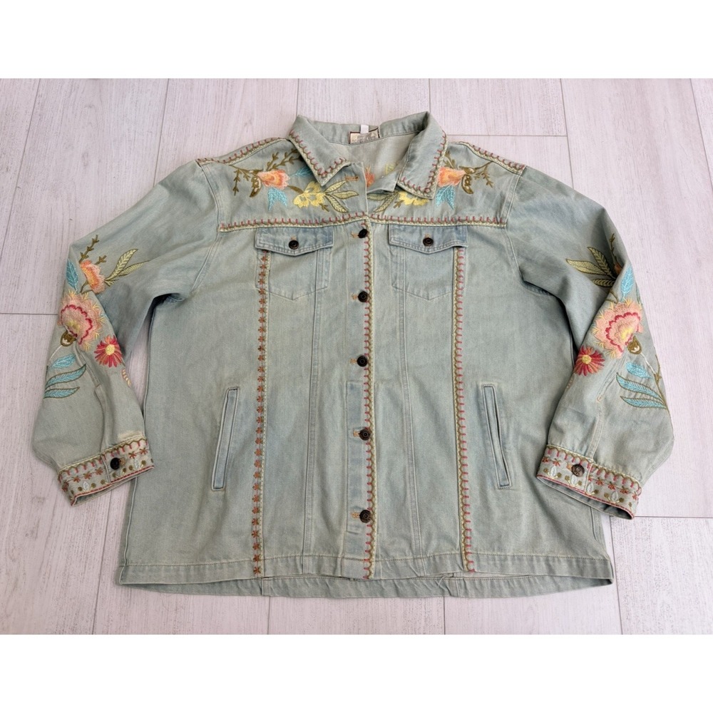 Johnny Was Denim Floral Embroidered Jacket Sz XL - Picture 1 of 11
